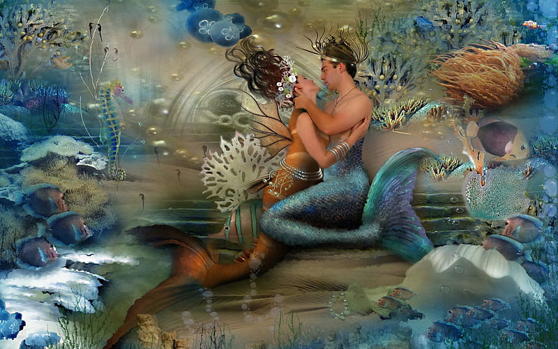 Pacific dreams, Art, Love, Couple, Underwater, Mermaids, HD wallpaper