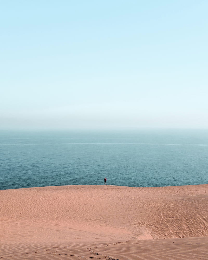 beach, ocean, silhouette, sand, haze, horizon, HD phone wallpaper
