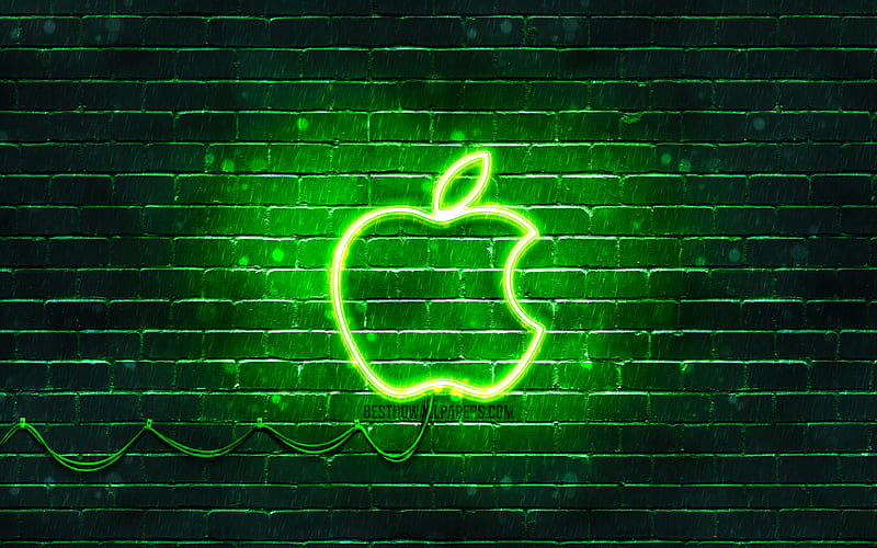 Apple green logo green brickwall, green neon apple, Apple logo, brands, Apple neon logo, Apple, HD wallpaper