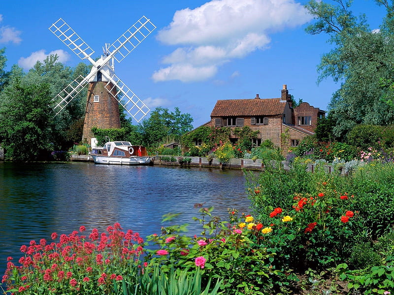 Hunsett Mill Norfolk-England, windmill, cottage, england, trees, hunsett, clouds, flowers, nature, river, HD wallpaper