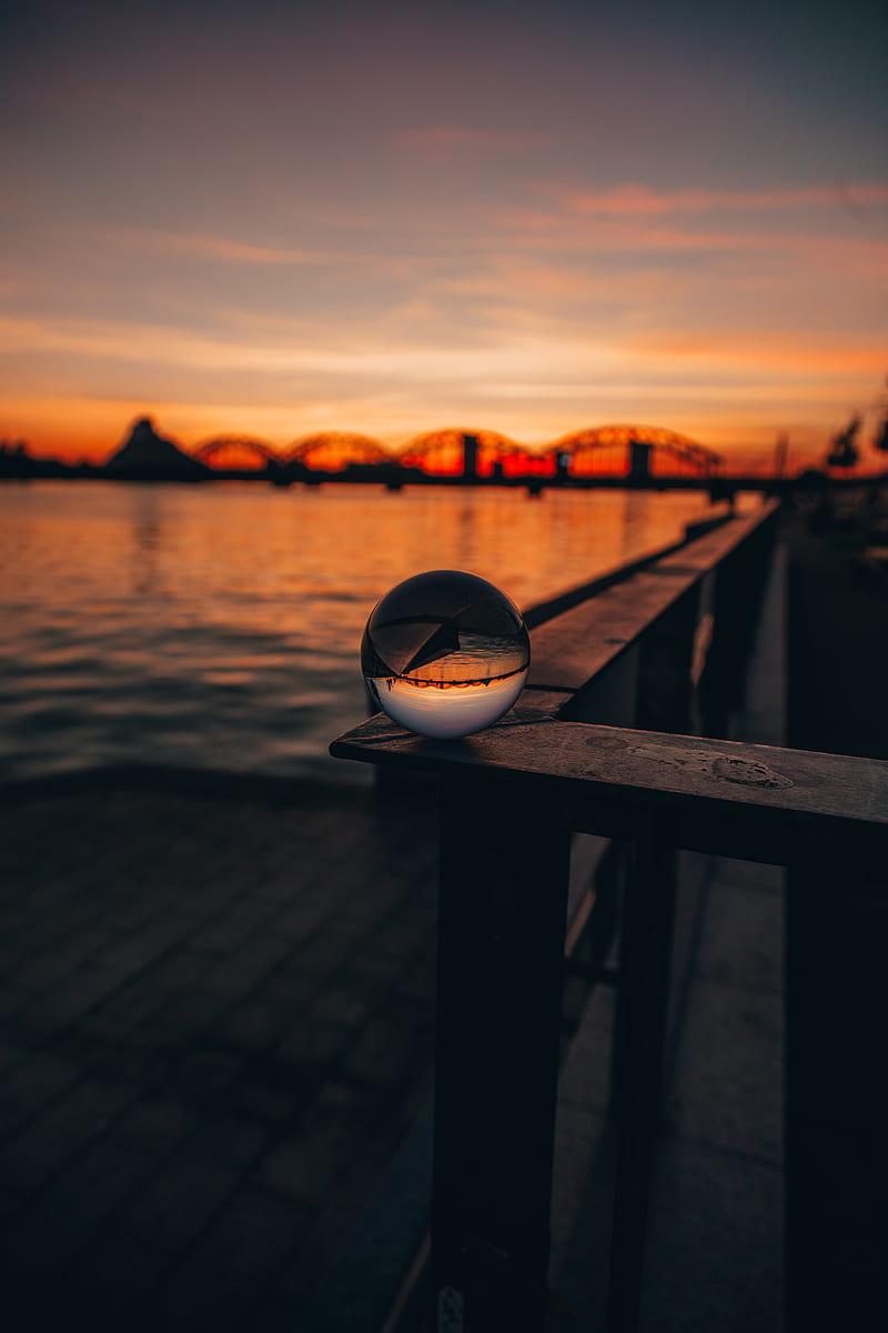 crystal ball, sphere, reflection, sunset, twilight, HD phone wallpaper