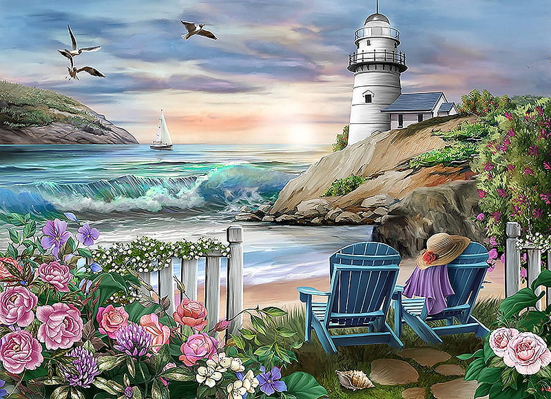Devon's Cove, birds, flowers, chairs, sky, clouds, artwork, lighthouse, sea, painting, HD wallpaper