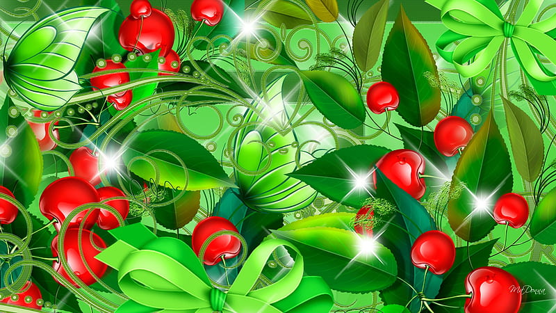 Cherry Harvest Time, red, stars, ribbon, cherries, spring, bow, sparkles, fruit, tree, butterfly, green, HD wallpaper