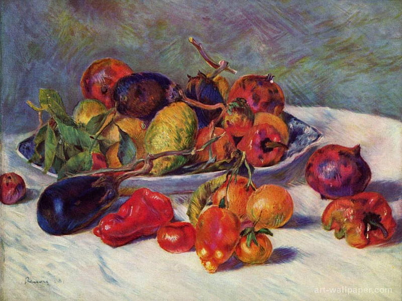 Table with fruits, art, fruits, painting, tablecloth, bowl, HD wallpaper