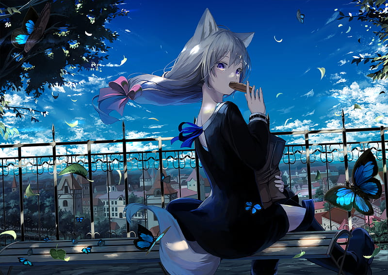 anime cat girl, wind, city, buildings, fence, clouds, scenic, Anime, HD wallpaper