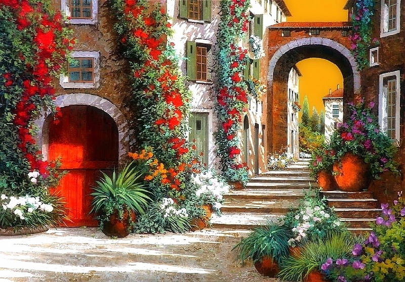 L'altra Porta Rossa al Tramonto, villages, gate, houses, love four seasons, attractions in dreams, paintings, arches, summer, flowers, red door, HD wallpaper
