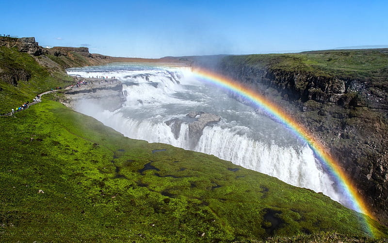 Rainbow Over Gullfoss Waterfall, Iceland, waterfall, nature, rainbow, iceland, HD wallpaper