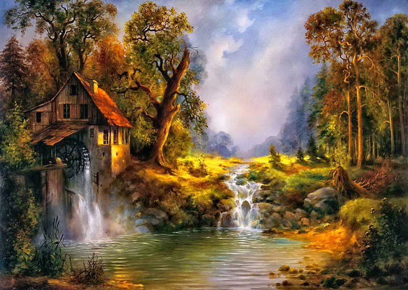 The old mill, stream, pretty, shore, house, falling, cabin, foliage, countryside, nice, waterfall, reflection, lovely, sky, trees, water, serenity, fall, autumn, mill, cottage, bonito, old, leaves, painting, water mill, river, forest, floating, creek, pond, peaceful, summer, nature, HD wallpaper