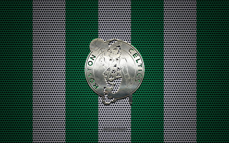 Boston Celtics logo, American basketball club, metal emblem, green-white metal mesh background, Boston Celtics, NBA, Boston, Massachusetts, USA, basketball, HD wallpaper