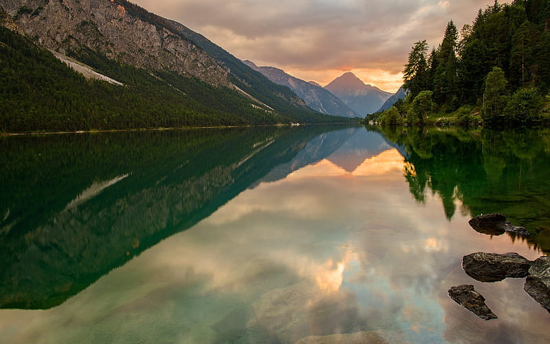 lake, mountains, mountain lake, sunset, forest, HD wallpaper