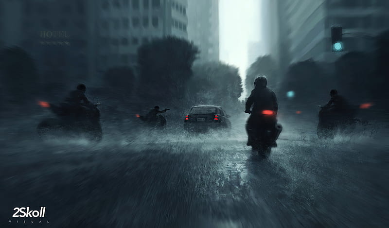 Vehicles, Artistic, Car, Motorcycle, rain, HD wallpaper