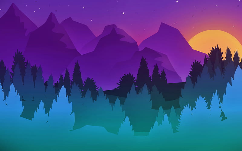 abstract nightscapes abstract mountains, moon, nightscapes minimalism, creative, abstract forest, abstract landscapes, mountains, HD wallpaper
