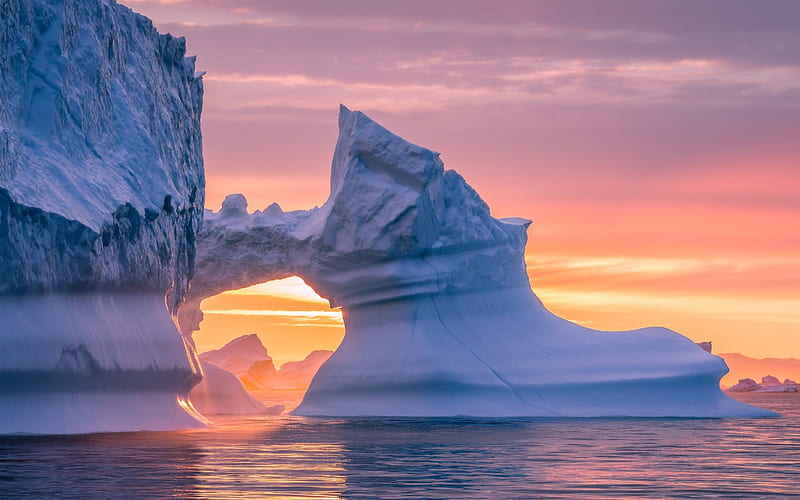 sunset, evening, iceberg, sea, glacier, eternal ice, Greenland, HD wallpaper