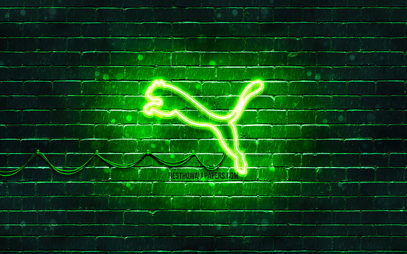 Puma green logo green brickwall, Puma logo, brands, Puma neon logo, Puma, HD wallpaper