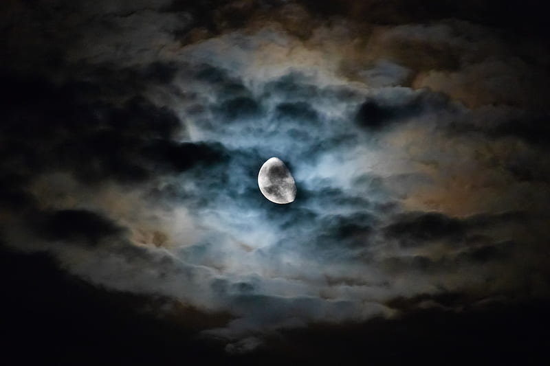 moon, clouds, night, sky, dark, overcast, HD wallpaper