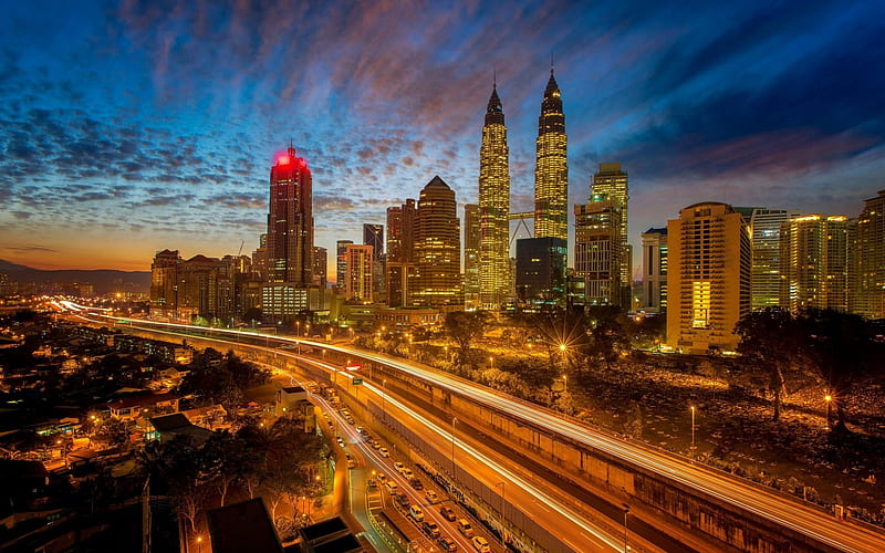Kuala Lumpur, evening, city lights, Petronas Towers, skyscrapers, Malaysia, HD wallpaper