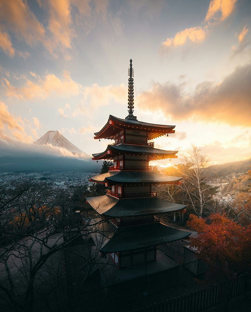 Japan Sightseeing, clouds, colorful mount fuji, temple, tower, HD phone wallpaper
