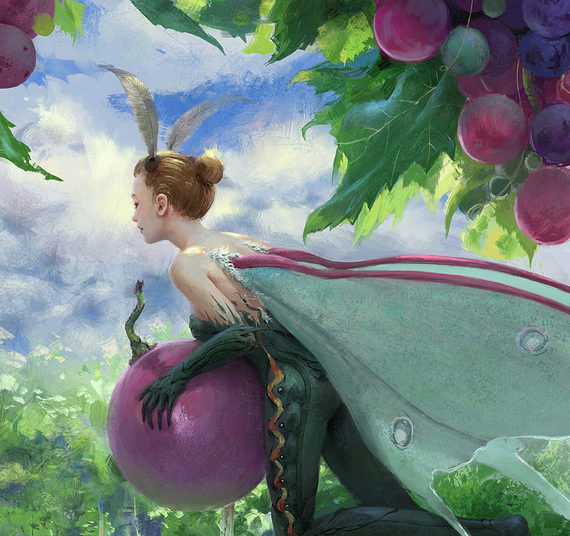 Grape fairy by Xuan Liu, art, frumusete, wings, luminos, superb, grapes, vara, fantasy, girl, purple, green, summer, gorgeous, fairy, xuan liu, HD wallpaper