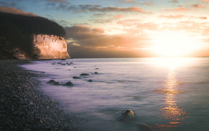 Sunrise at Ruegen Island, Germany, sky, baltic, sea, forest, stones, cliff, HD wallpaper