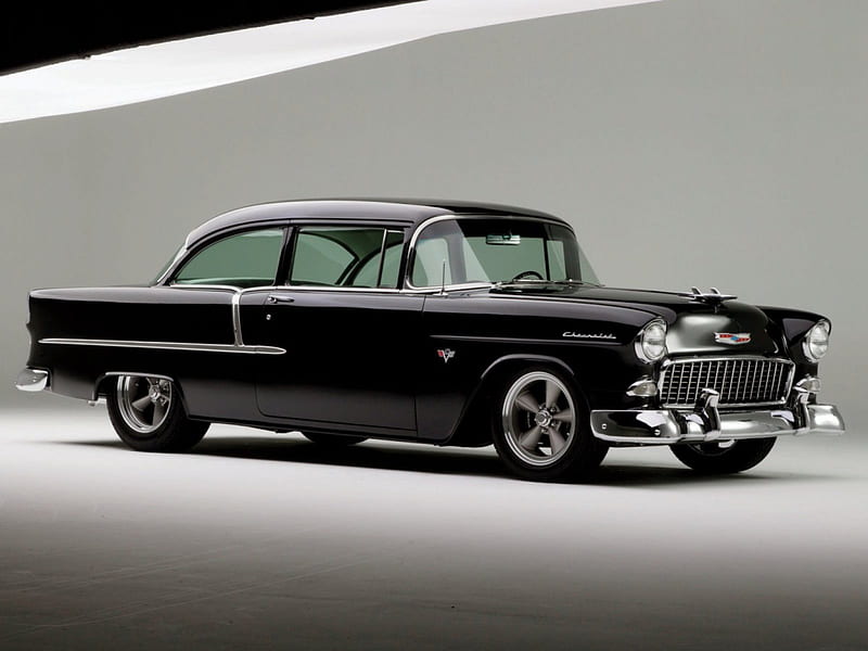 1955-Chevy-210, Classic, Black, GM, Chrome, HD wallpaper