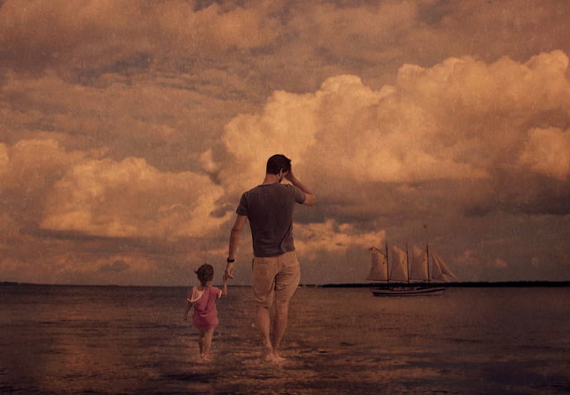 My Daddy...My HERO!, SHIP, SEA, BEACH, SAND, DAUGHTER, FATHER, HD wallpaper