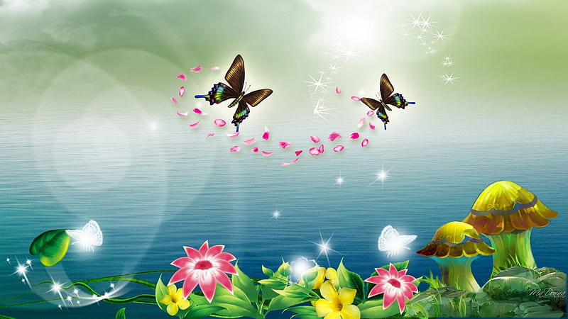 Butterfly Petal Dance, stars, butterflies, spring, sky, dazzle, sparkle, water, green, ripples, summer, pink petals, flowers, mushrooms, blue, HD wallpaper