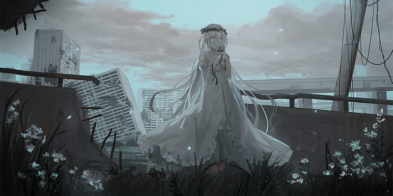 anime girl, white dress, apocalypse, dark, long hair, Anime, HD wallpaper