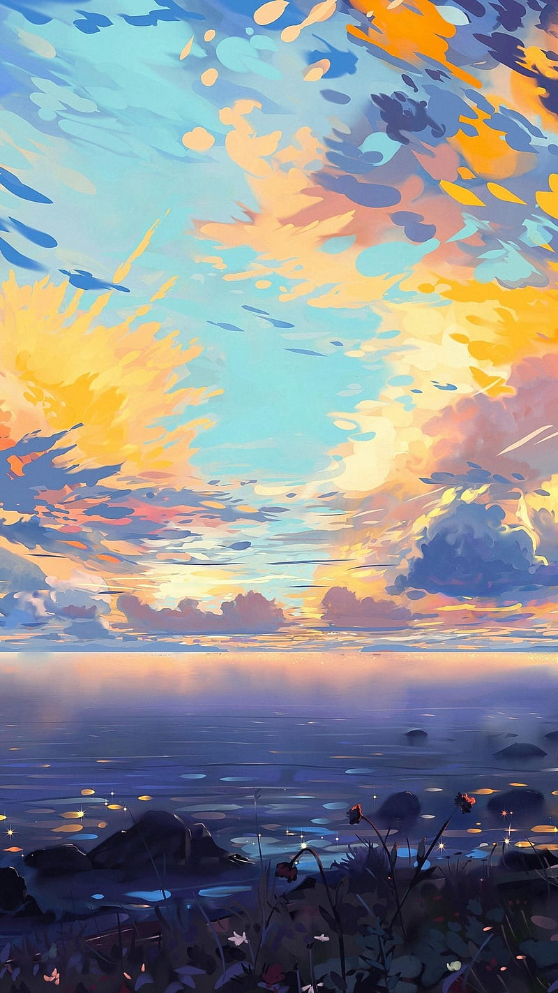 sunrise, Hangmoon, beach, sea, clouds, painting, HD phone wallpaper