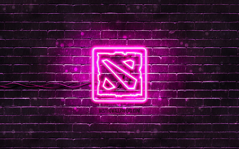 Dota 2 purple logo purple brickwall, Dota 2 logo, artwork, Dota 2 neon logo, Dota 2, HD wallpaper