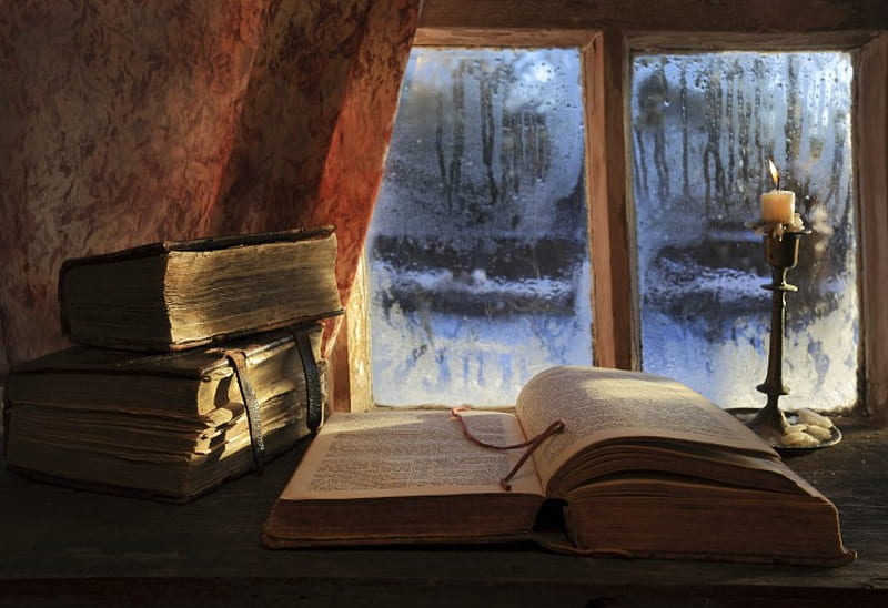 Beautiful..., candle, still life, books, winter time, winter, HD wallpaper