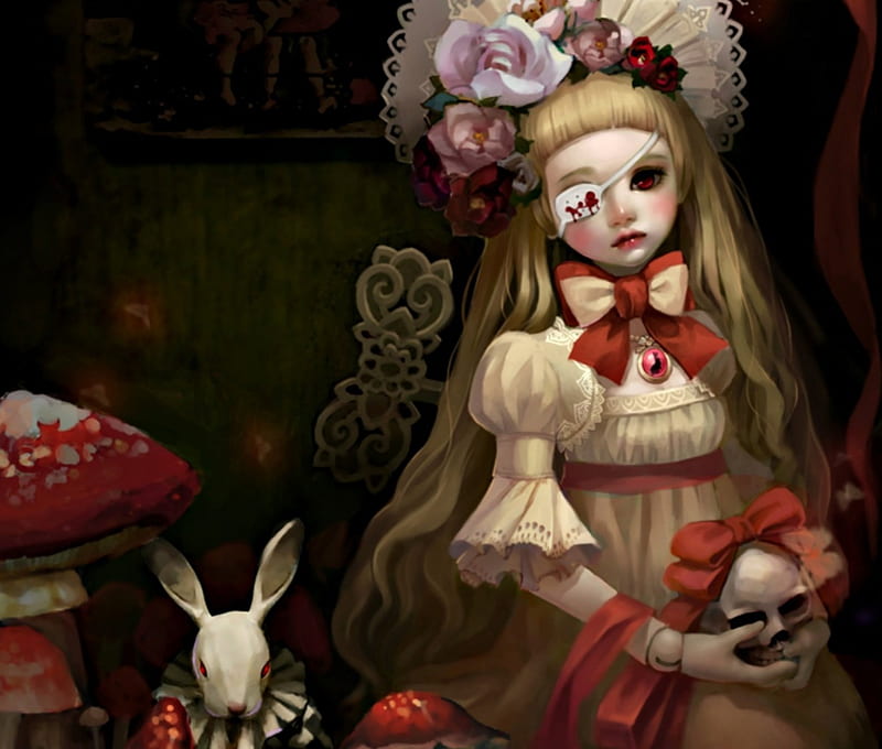Alice, red, art, rabbit, halloween, manga, mushroom, blonde, ball jointed  doll, HD wallpaper | Peakpx