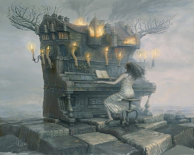 Playing A Dirge, Piano, Woman, House, Fire, HD wallpaper