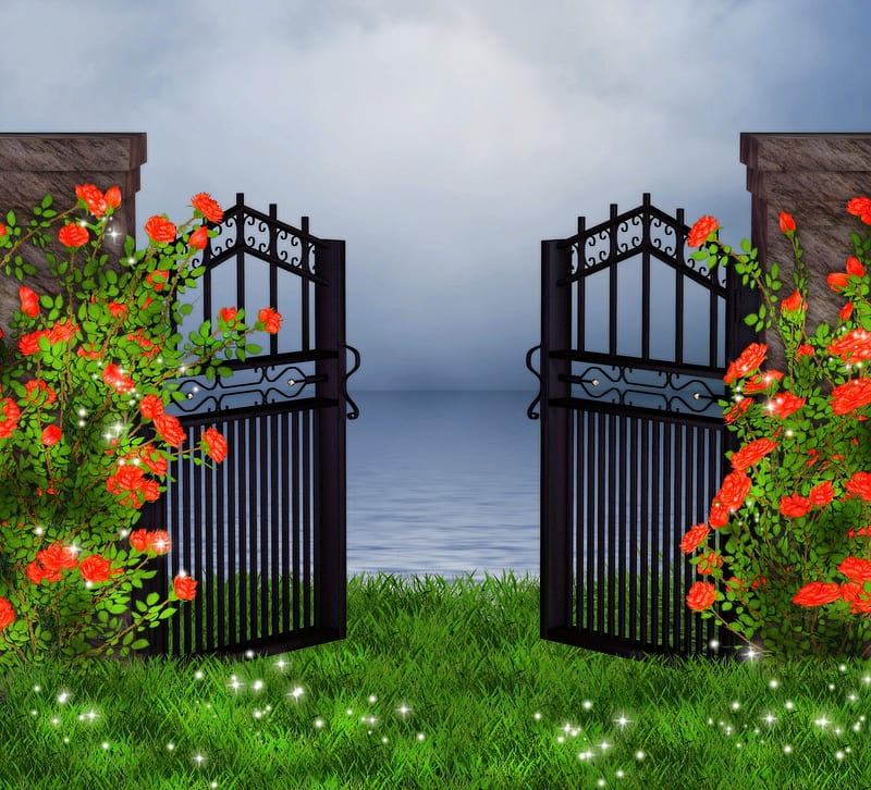 ✼Welcome to Rose Garden✼, pretty, colorful, grass, orange, premade BG, Welcome, attractions in dreams, bonito, door, sparkle, creeping roses, green, stock , flowers, resources, rose garden, gate, lovely, colors, love four seasons, creative pre-made, roses, trees, pond, cool, best of the best, plants, garden, backgrounds, nature, HD wallpaper