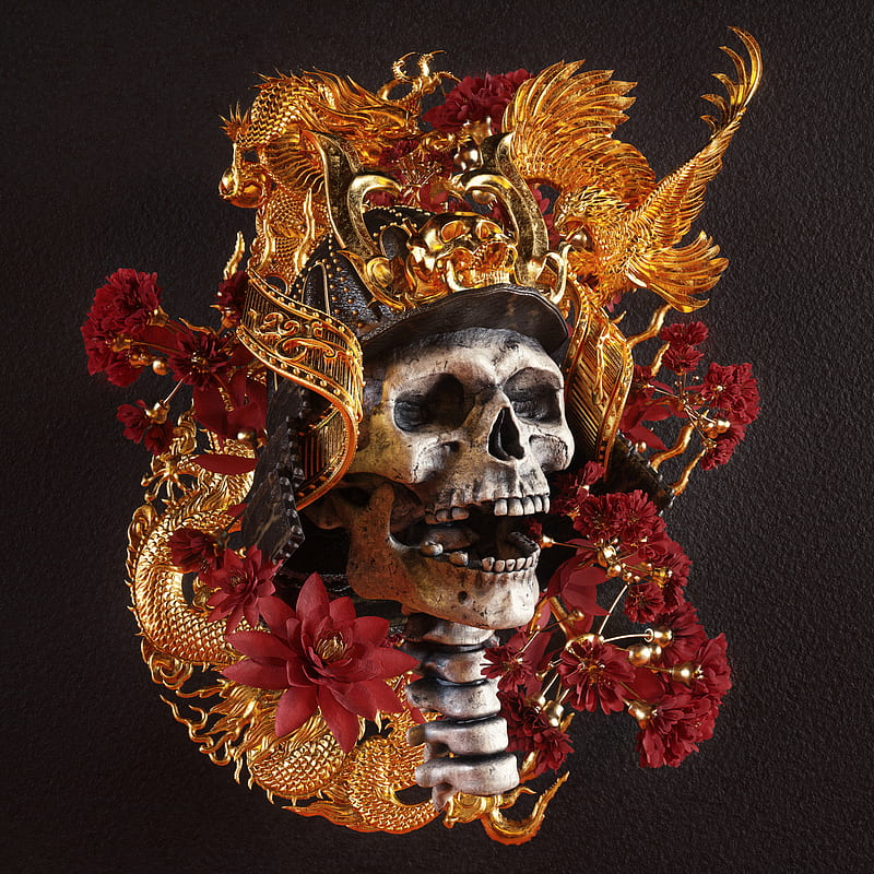 billelis, dark, religion, death, skull, flowers, samurai, gold, red, HD phone wallpaper