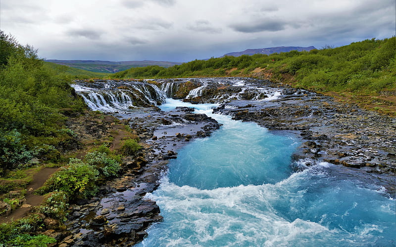 Bruarfoss Waterfall, Iceland, cascades, river, sky, landscape, clouds, HD wallpaper