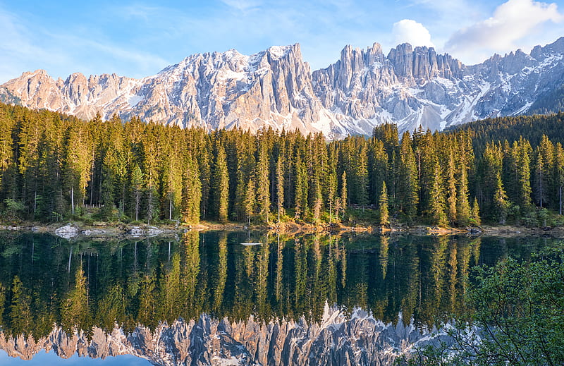 lake, mountain, trees, peaks, sky, reflection, HD wallpaper