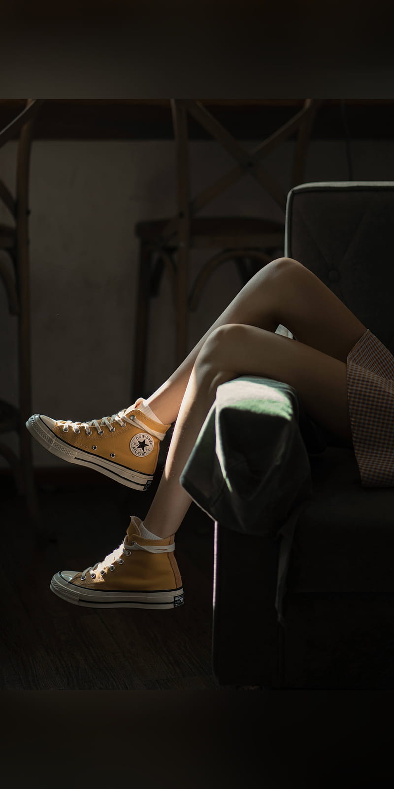 vertical, Converse, legs, skirt, sunlight, natural light, legs up, sitting, chair, portrait display, HD phone wallpaper