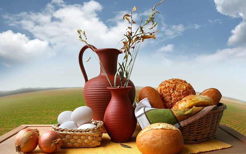 Bread and Eggs Still Life, onion, bread, abstract, sky, clouds, vases, basket, eggs, nature, HD wallpaper