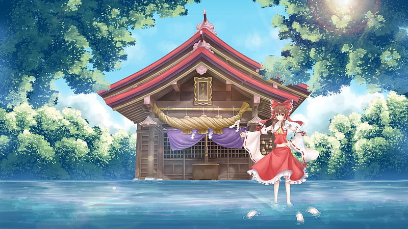 touhou, hakurei reimu, water, shrine, trees, Anime, HD wallpaper
