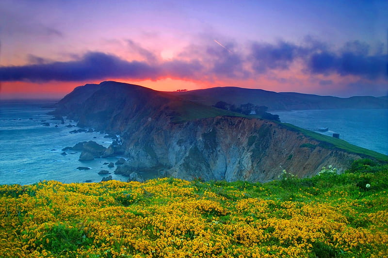 Point Reyes sunset, rocks, pretty, colorful, shore, bonito, sunset, clouds, sea, mountain, sundown, nice, cliffs, flowers, amazing, lovely, view, sky, freshness, point, water, landscape, HD wallpaper