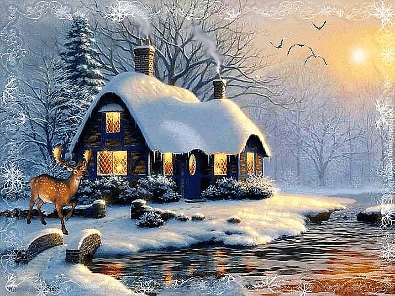 Winter scene, pretty, colorful, house, sun, lovely, cottage, christmas spirit, bonito, magic, deer, winter, peaceful, color, season, river, HD wallpaper