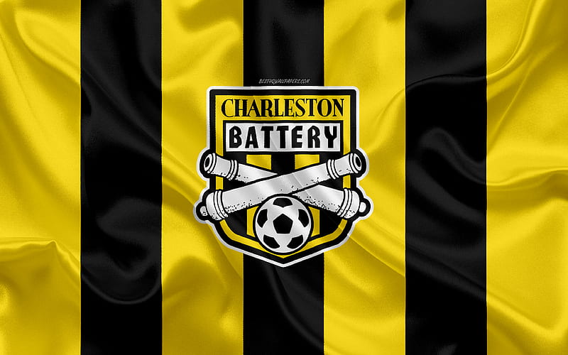 Charleston Battery American football club, logo, yellow black flag, emblem, USL Championship, Charleston, South Carolina, USA, silk texture, soccer, HD wallpaper