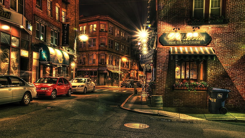 boston town at night r, city, restaurants, r, streets, lights, night, HD wallpaper