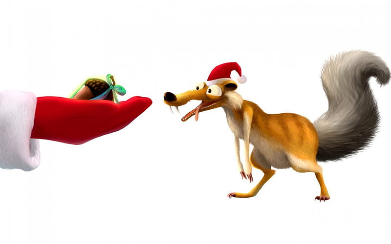 A nut from Santa, red, squirrel, ice age, santa claus, hat, glove, anime, scrat, nut, funny, white, HD wallpaper