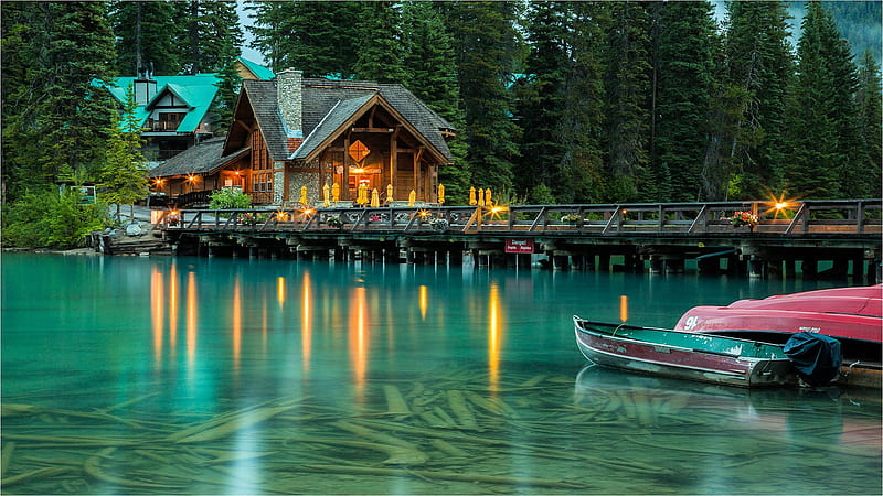 Emerald Lake, Yoho National Park, B.C., Canada, pier, lights, house, boat, evening, trees, HD wallpaper
