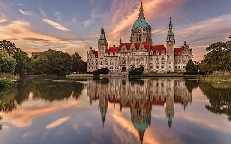 castle, lake, sunset, New Town Hall, Hannover, Lower Saxony, HD wallpaper