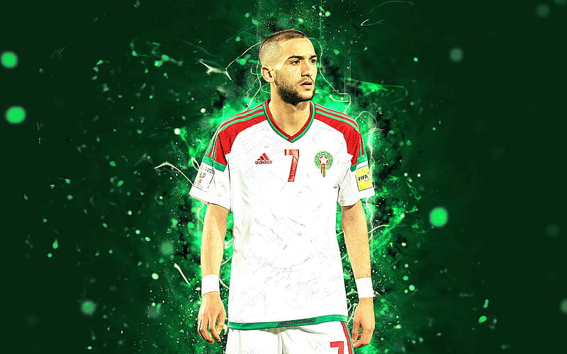 Hakim Ziyech, abstract art, Morocco National Team, fan art, Ziyech, soccer, footballers, neon lights, Moroccan football team, HD wallpaper