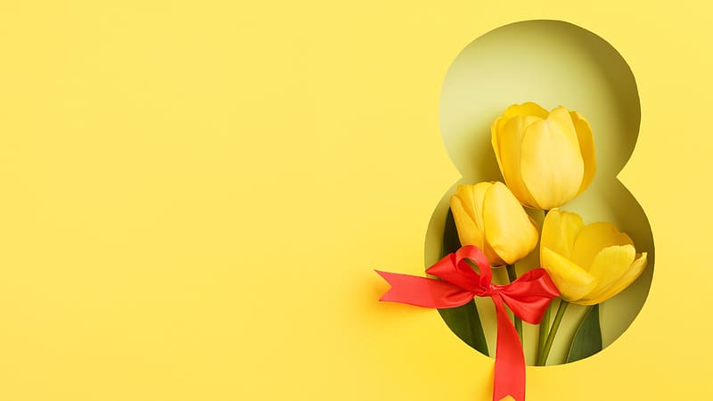 Happy Women's Day!, women, yellow, red, ribbon, day, tulip, card, flower, mother, HD wallpaper Happy Women's Day!, women, yellow, red, ribbon, day, tulip, card, flower, mother, HD wallpaper
