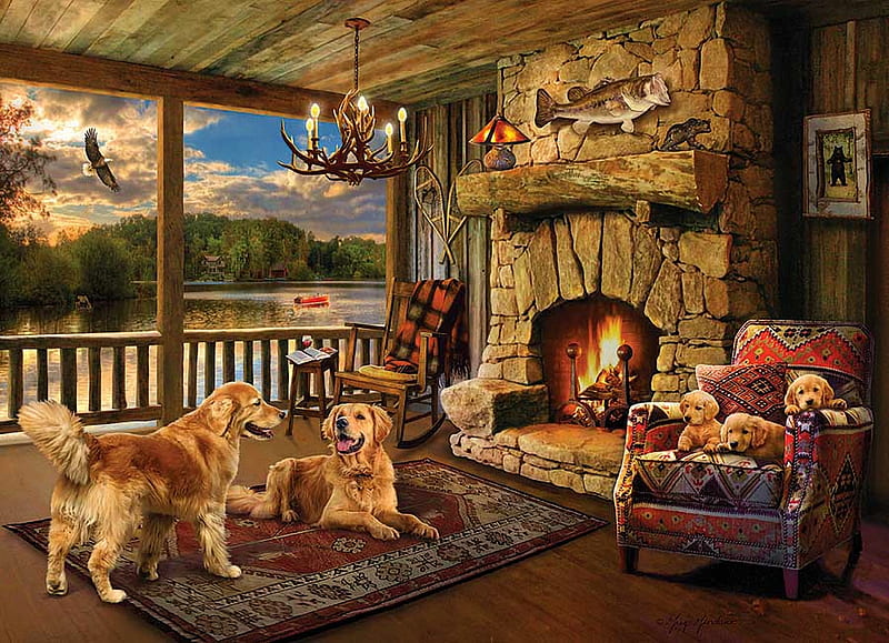 Lakeside Cabin, window, chimney, dogs, fire, painting, room, HD wallpaper