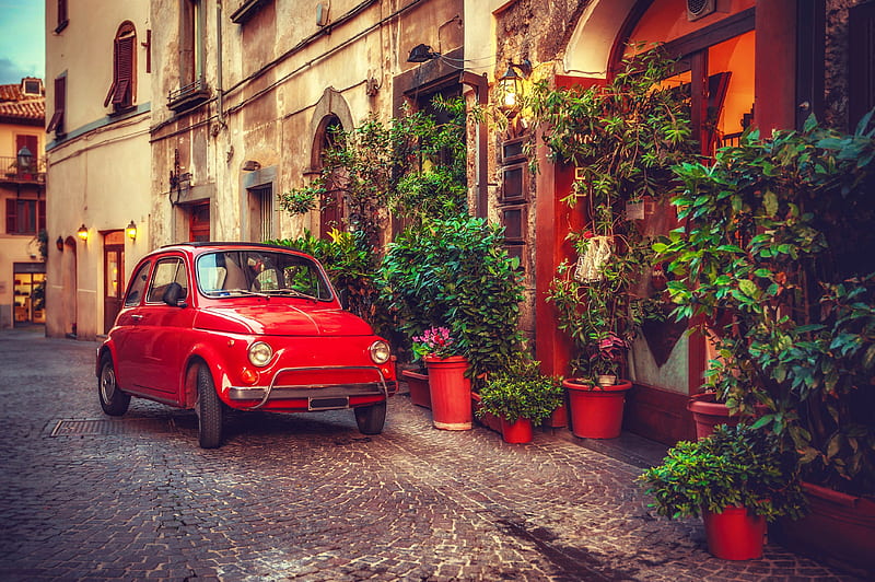 Steet in Tuscany, red, house, Tuscany, Italy, town, bonito, retro, car, village, street, HD wallpaper